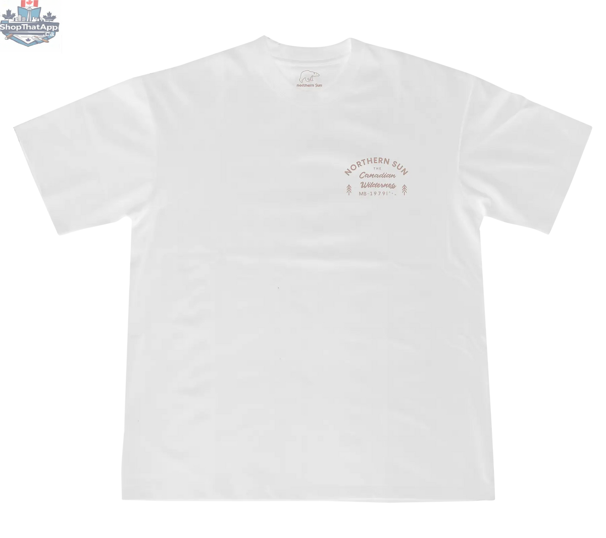 White men's T-shirt with Northern Sun logo on front, showcasing casual style and comfortable fit.