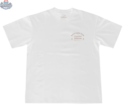 White men's T-shirt with Northern Sun logo on front, showcasing casual style and comfortable fit.