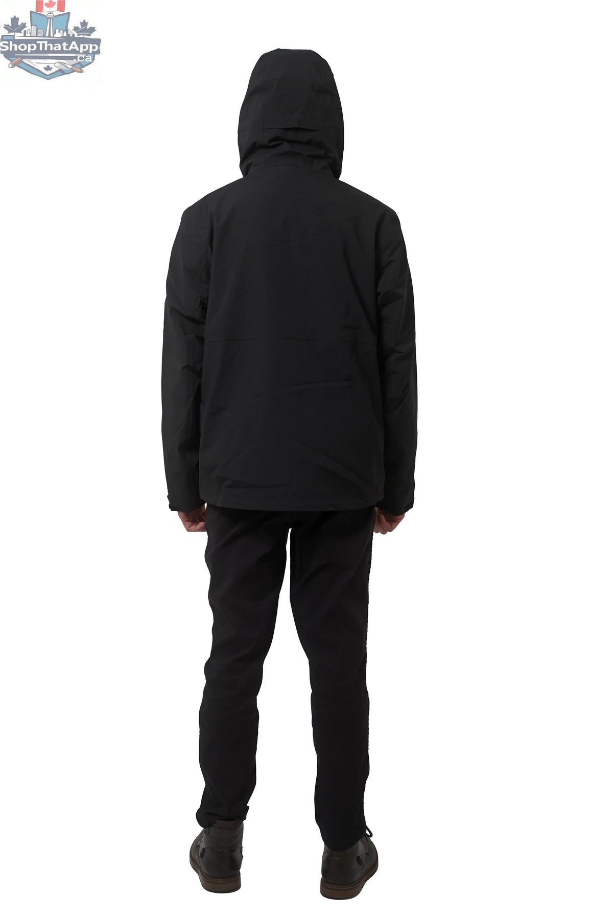 Men's black 3-in-1 waterproof winter jacket by Northern Sun, showing the back view with adjustable hood and layered design.
