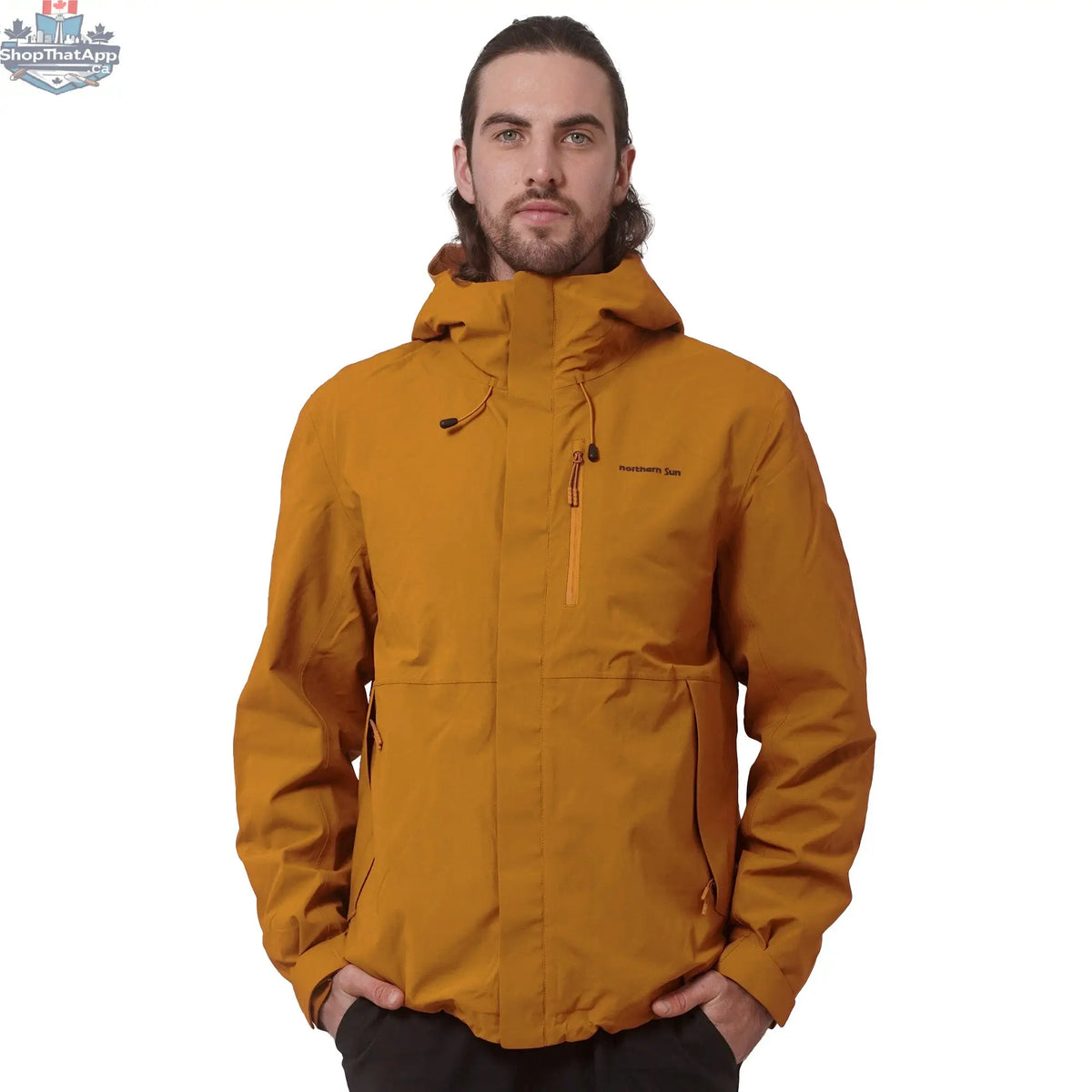 Northern Sun men's 3-in-1 waterproof winter jacket with layered design, multiple pockets, and adjustable hood for cold weather protection.