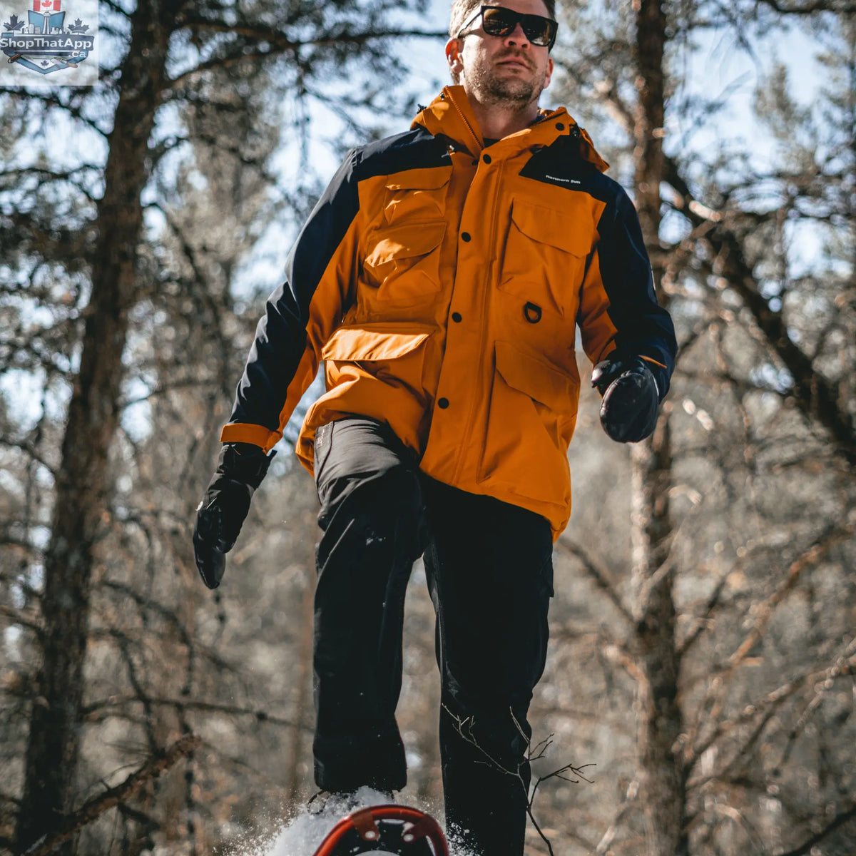 Northern Sun men's 3-in-1 waterproof winter parka in orange and blue, suitable for cold Canadian weather, with insulated layers.
