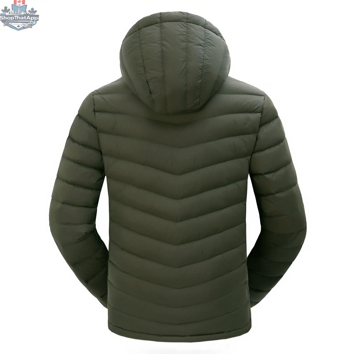 Northern Sun men's lightweight packable down jacket with hood, shown from the back, showcasing its slim fit and soft fabric.