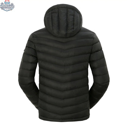 Black men's lightweight packable down jacket by Northern Sun, featuring a hood and sleek design for outdoor wear.