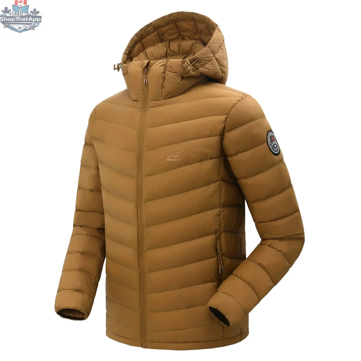 Northern Sun men's lightweight packable down jacket shown from the side, highlighting its sleek design and compact fit.