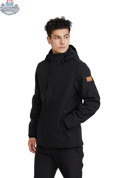 Northern Sun men's black softshell jacket front view, showcasing a sleek, versatile design with a smooth fabric finish.