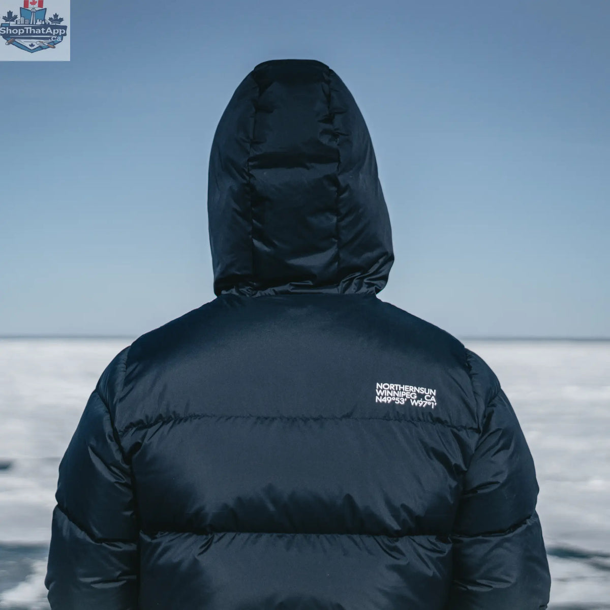 Northern Sun men's winter down parka jacket with hood, insulated for warmth and winter style, black color, front view.