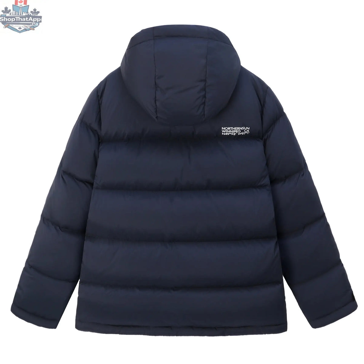 Northern Sun men's winter down parka jacket shown from the back, featuring a warm, stylish design for cold weather.