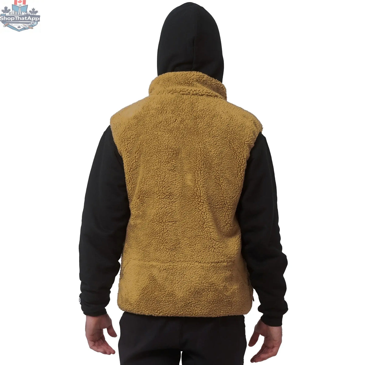 Back view of Northern Sun unisex sherpa vest showing soft, warm shearling fabric and relaxed fit in a cozy outdoor style.