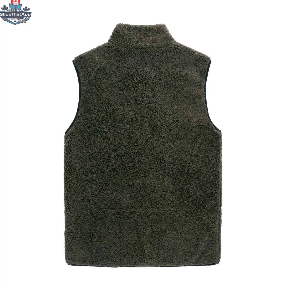 Back view of Northern Sun unisex Sherpa vest in green, showcasing cozy fleece material and relaxed fit.