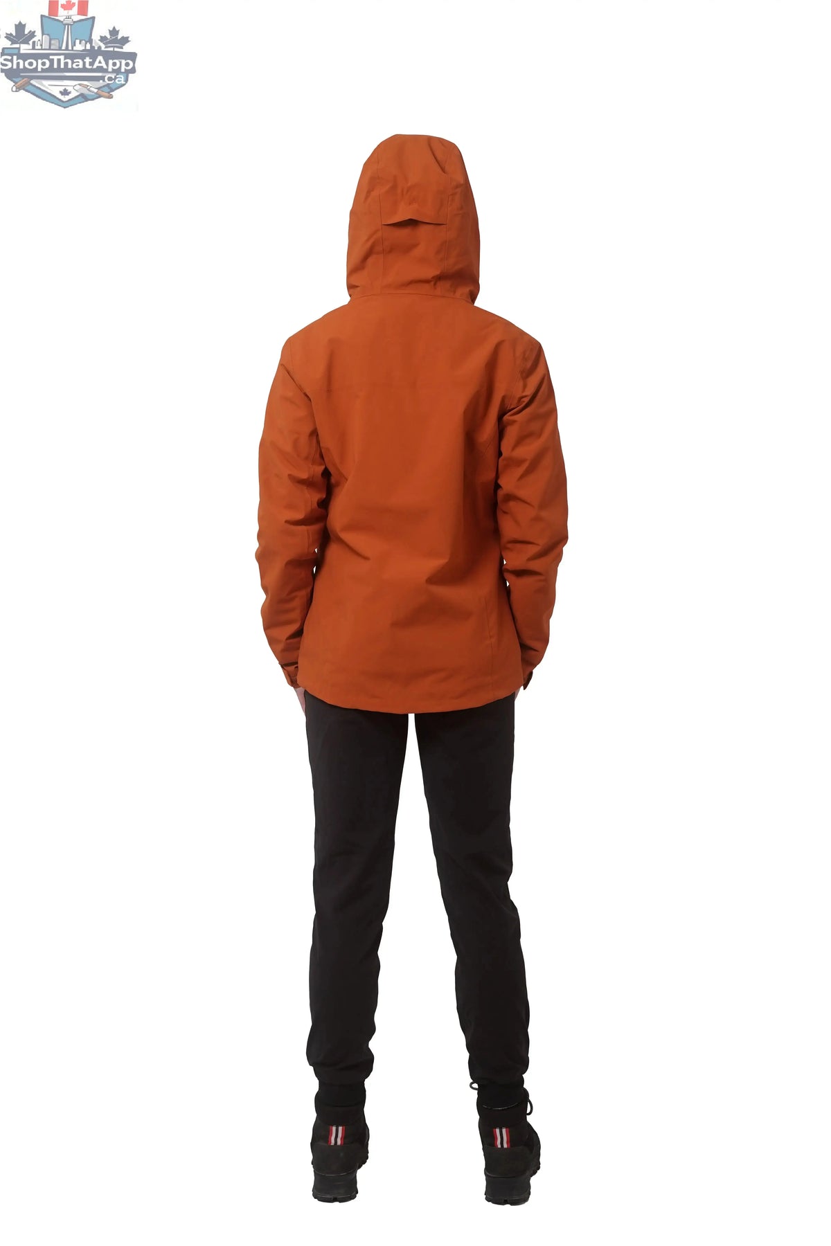 Women's Northern Sun 3-in-1 waterproof winter jacket in bright orange, showing the versatile layered design from the back.