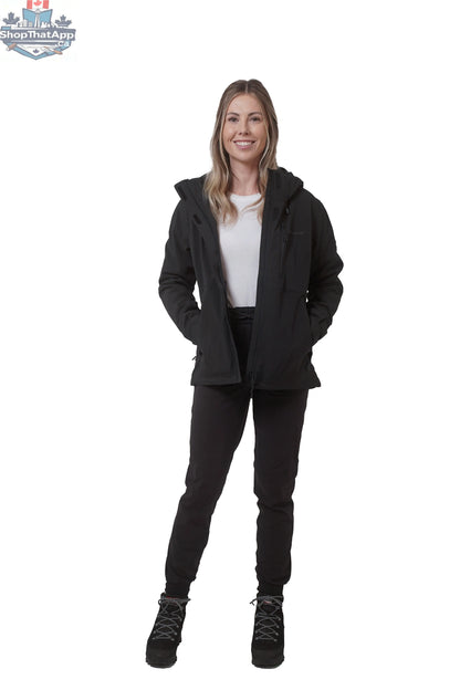Northern Sun women's 3-in-1 black winter jacket, waterproof and versatile for all weather, shown in full-body pose.