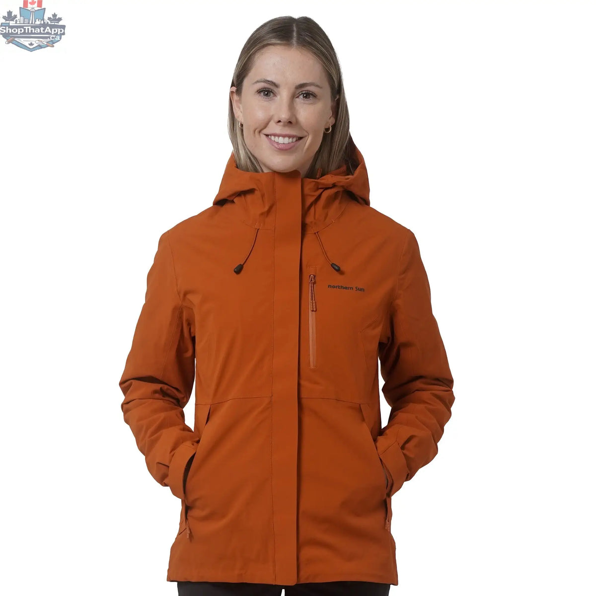 Northern Sun women's 3-in-1 waterproof winter jacket in pumpkin yellow, versatile for all weather conditions.