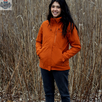 Northern Sun women's 3-in-1 winter waterproof jacket with adjustable hood, multiple pockets, and durable outdoor winter gear.
