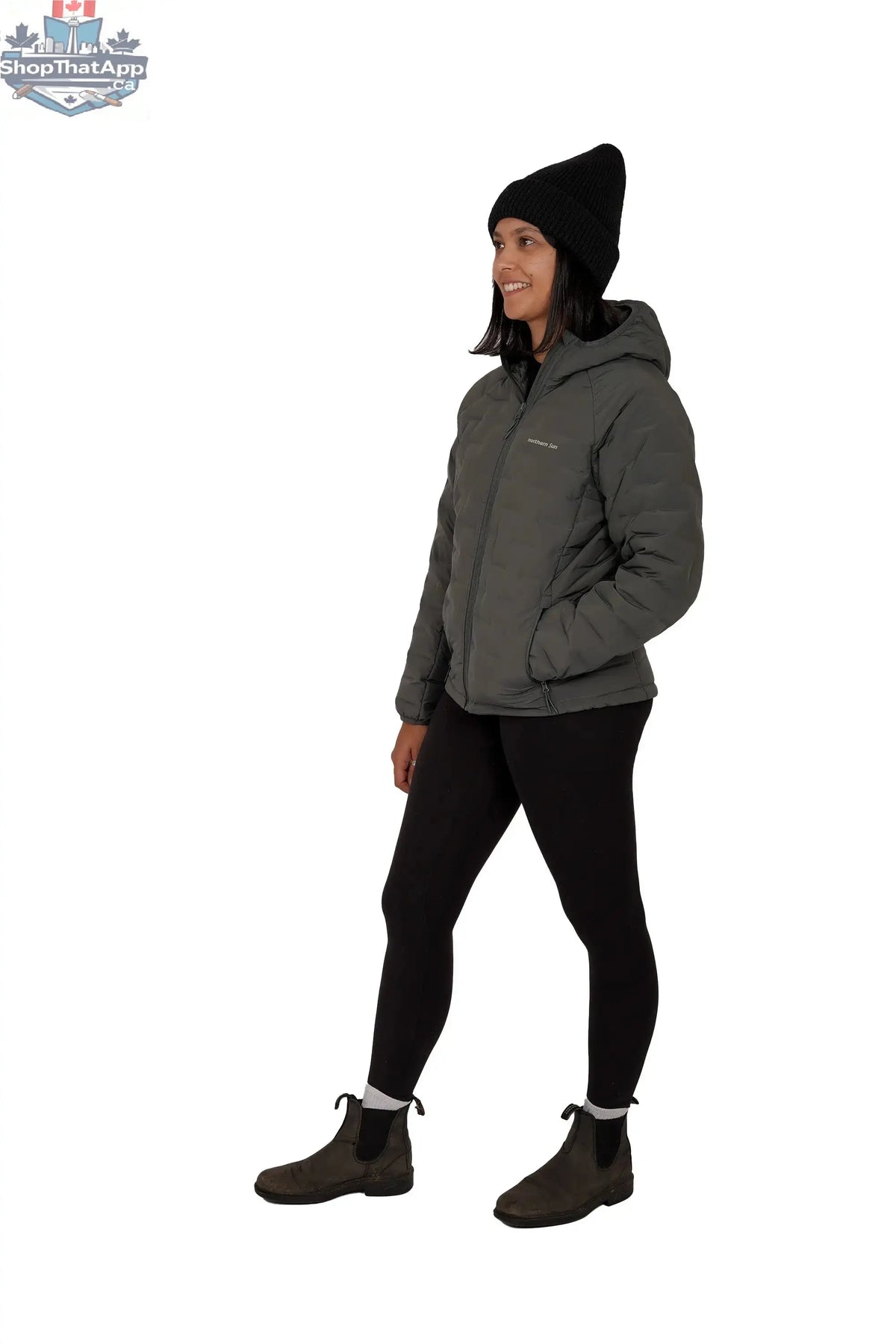 Northern Sun women's Dawson down jacket displayed from the woven side view, featuring a hood and lightweight down insulation.