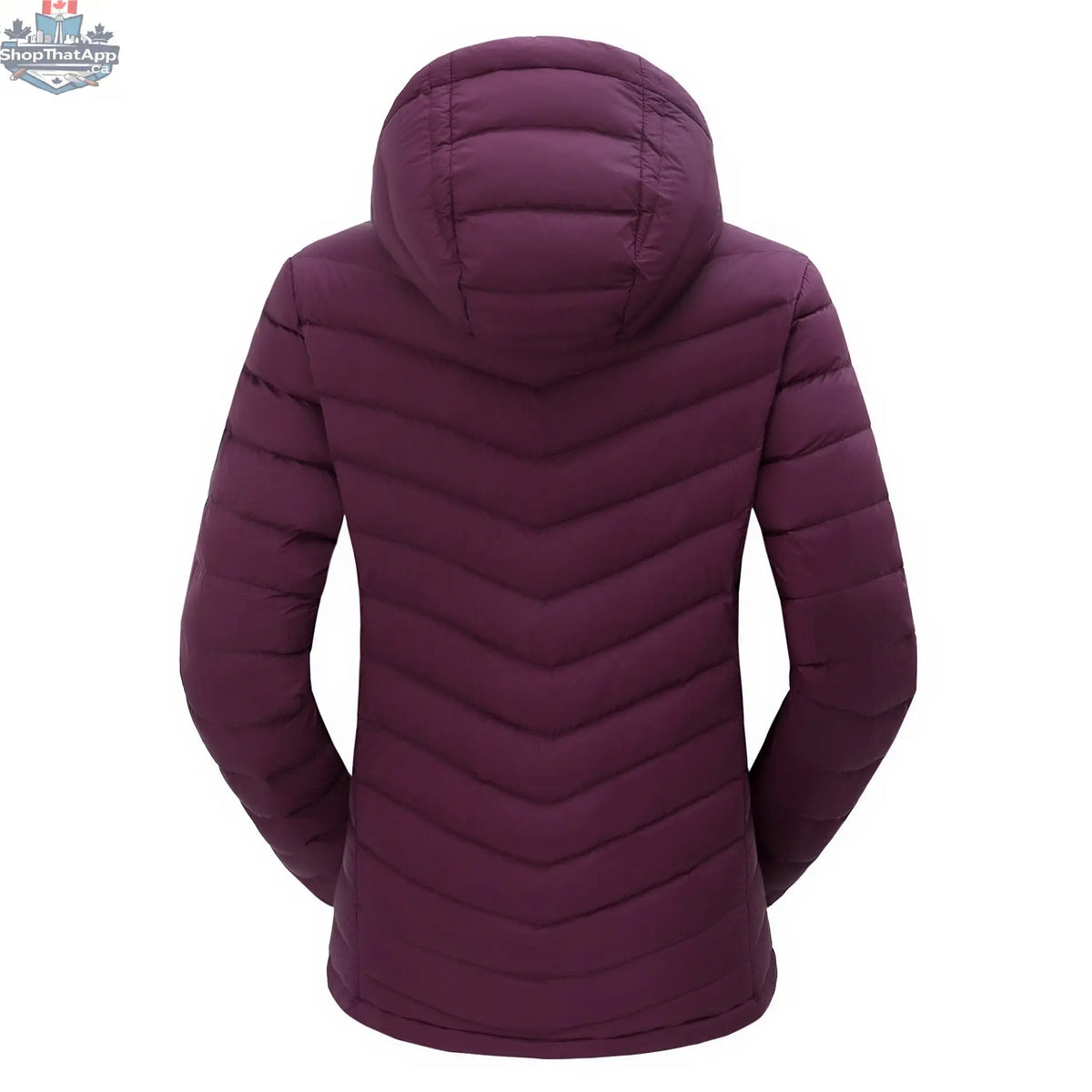 Back view of Northern Sun women's packable lightweight down jacket, showcasing its sleek design and compact silhouette.