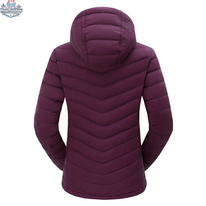 Back view of Northern Sun women's packable lightweight down jacket, showcasing its sleek design and compact silhouette.