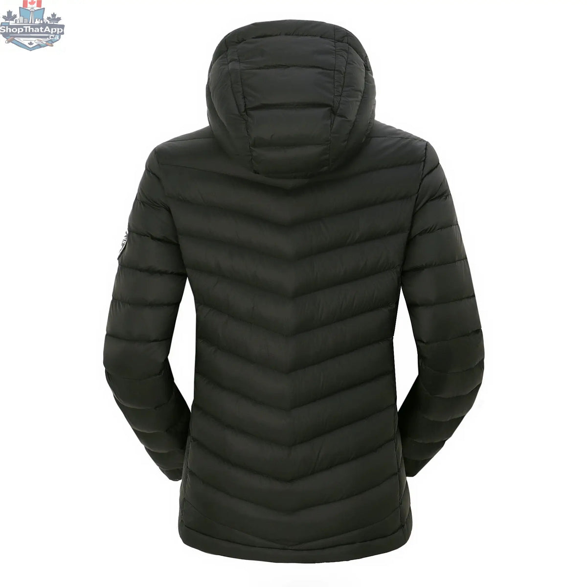 Black women's packable down jacket by Northern Sun, lightweight and insulated, shown from the back.
