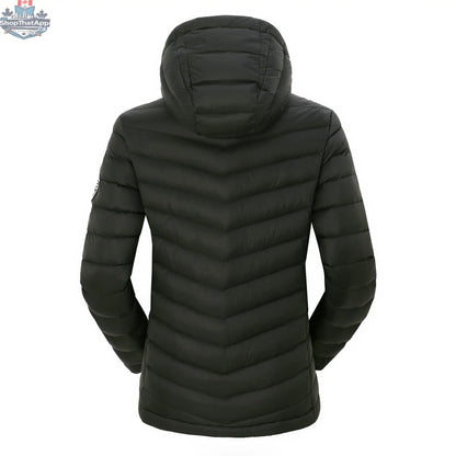 Black women's packable down jacket by Northern Sun, lightweight and insulated, shown from the back.