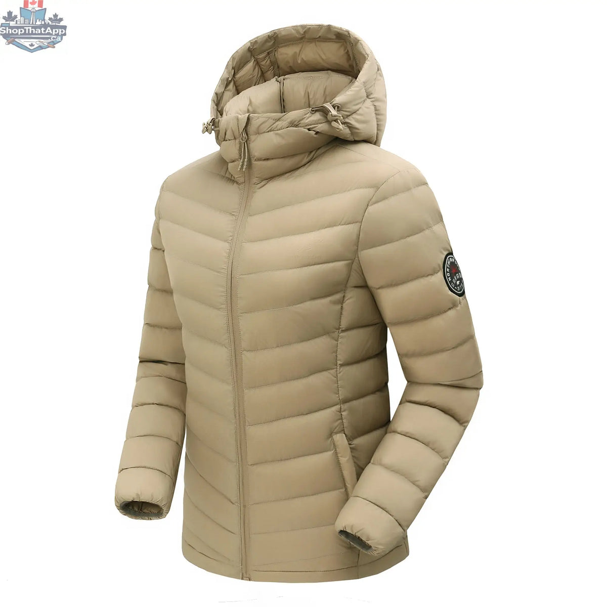 Northern Sun women's packable lightweight down jacket with logo patch, showing its slim fit and cozy, insulated design.