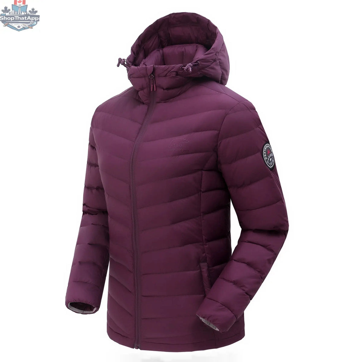Northern Sun women's packable lightweight down jacket with side logo, showcasing a sleek, insulated outerwear design for cold weather.