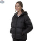 Black women's puffer down jacket by Northern Sun, winter insulated parka with a front view.