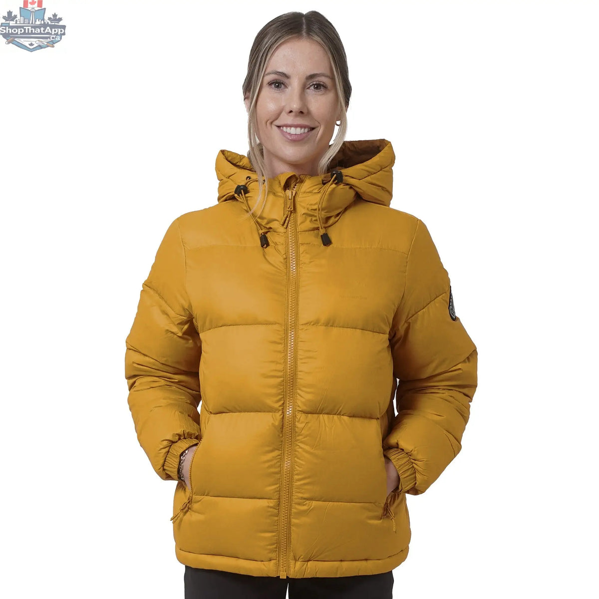 Yellow women's puffer down jacket by Northern Sun, stylish winter parka with quilted design and front zipper.