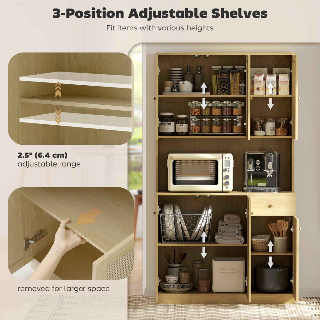 Milan Boho Kitchen Pantry Cabinet with Decorative Rattan Doors-Natural