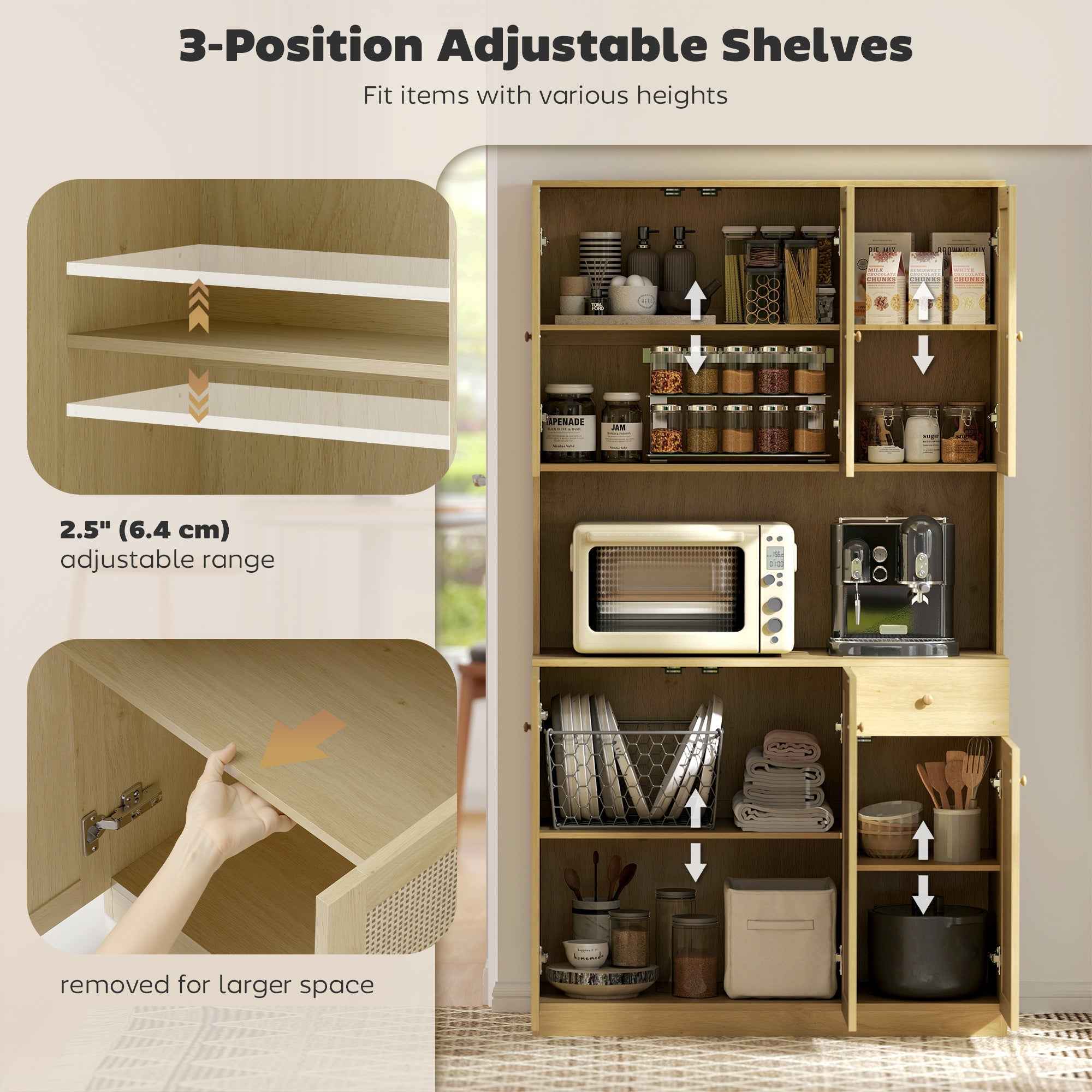 Milan Boho Kitchen Pantry Cabinet with Decorative Rattan Doors-Natural