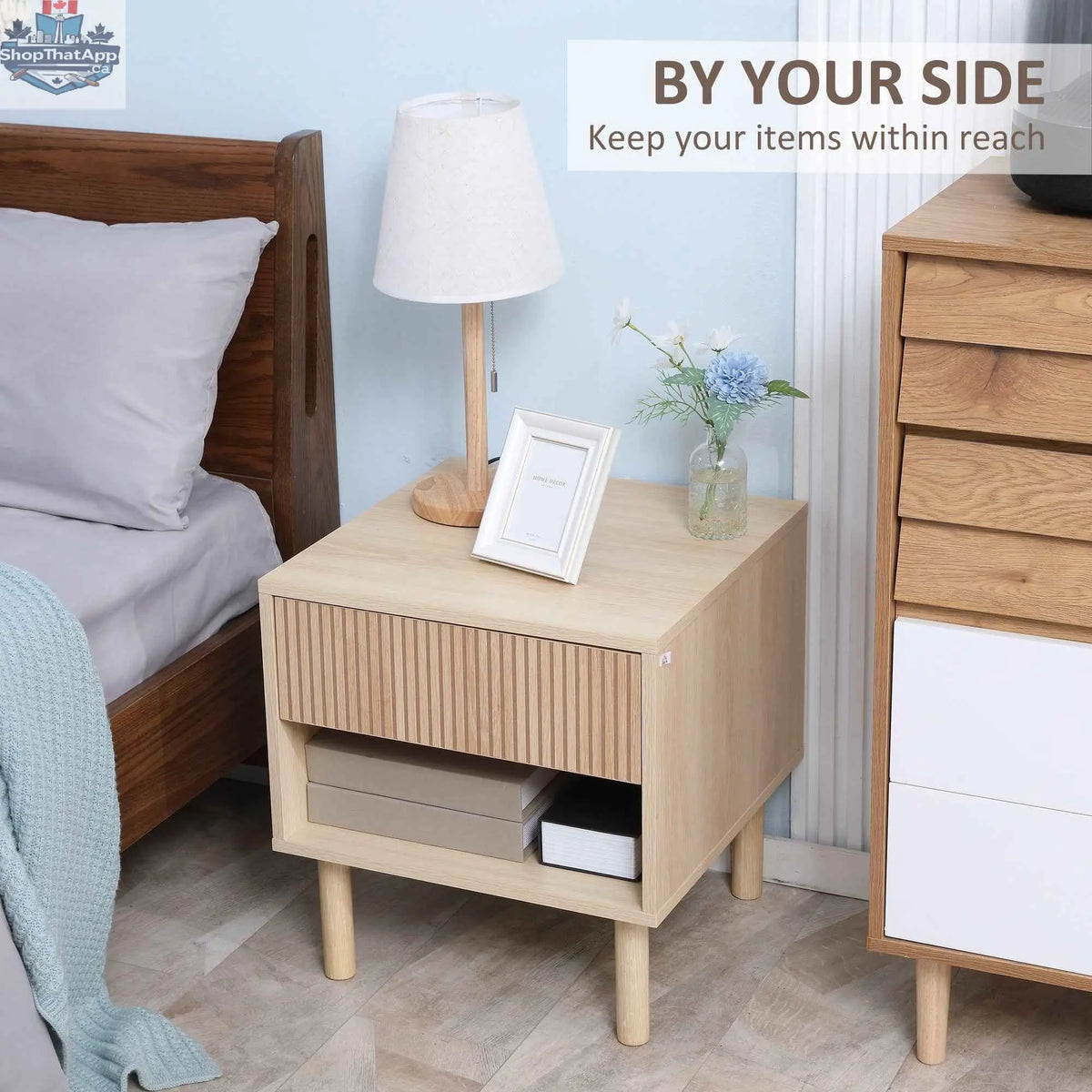 Natural wood Laura bedside table with drawer and open shelf, modern bedroom furniture by SLOTH Nation.