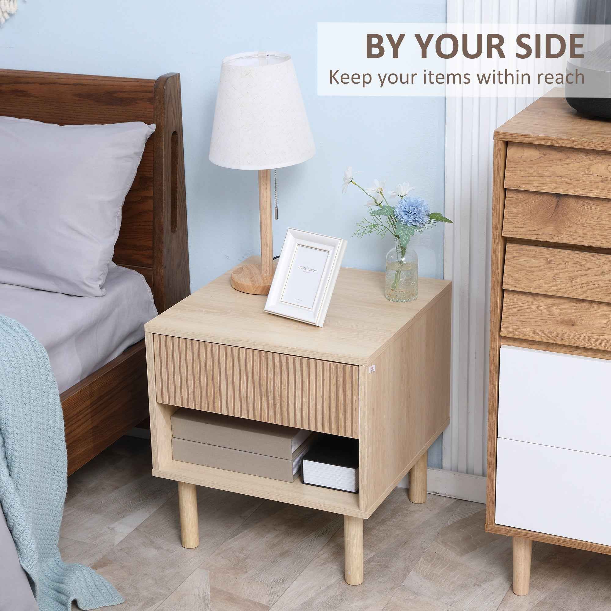 Laura Modern Bedside Table with Drawer and Open Shelf-Natural Wood