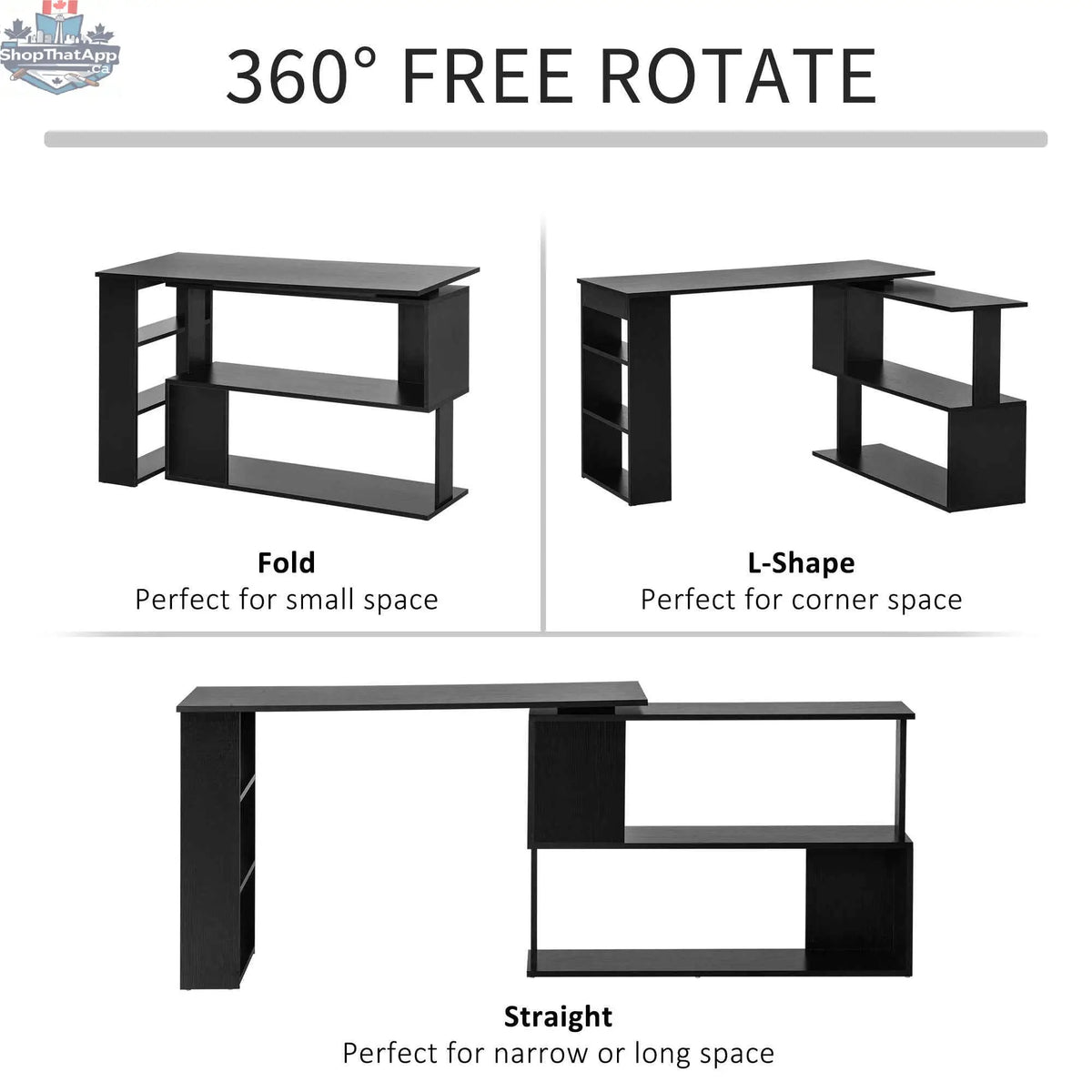 Black Denver L-shaped office desk by SLOTH Nation with a 360° rotating corner extension and spacious work surface.