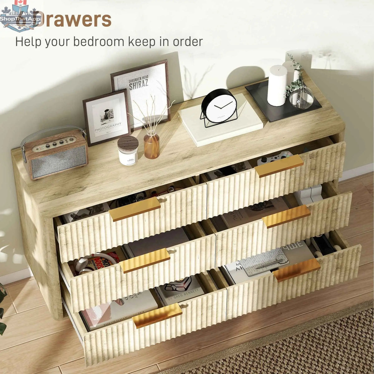 Oak Dakota Dresser with six fluted drawers, stylish bedroom furniture by SLOTH Nation, showing the front view with detailed drawer design.