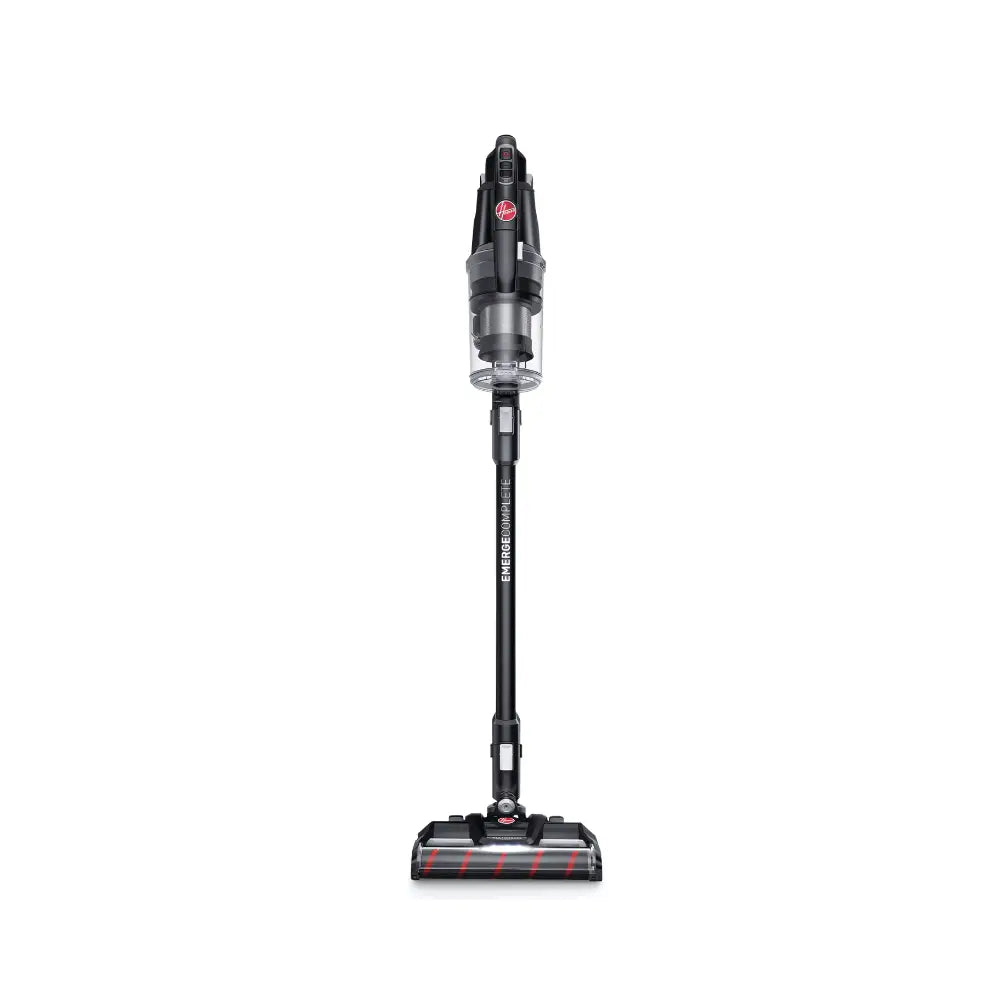 Hoover OnePower Emerge cordless vacuum cleaner with two batteries, shown with detachable wand and cleaning head.