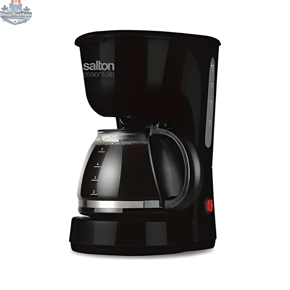 Black Salton 5-cup 750ml coffee maker with glass carafe and filter, perfect for brewing fresh coffee at home