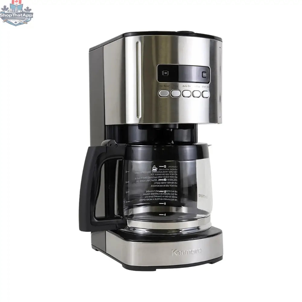 Kenmore 12-cup programmable coffee maker by oboxliquidation with digital display and glass carafe for fresh brewed coffee.