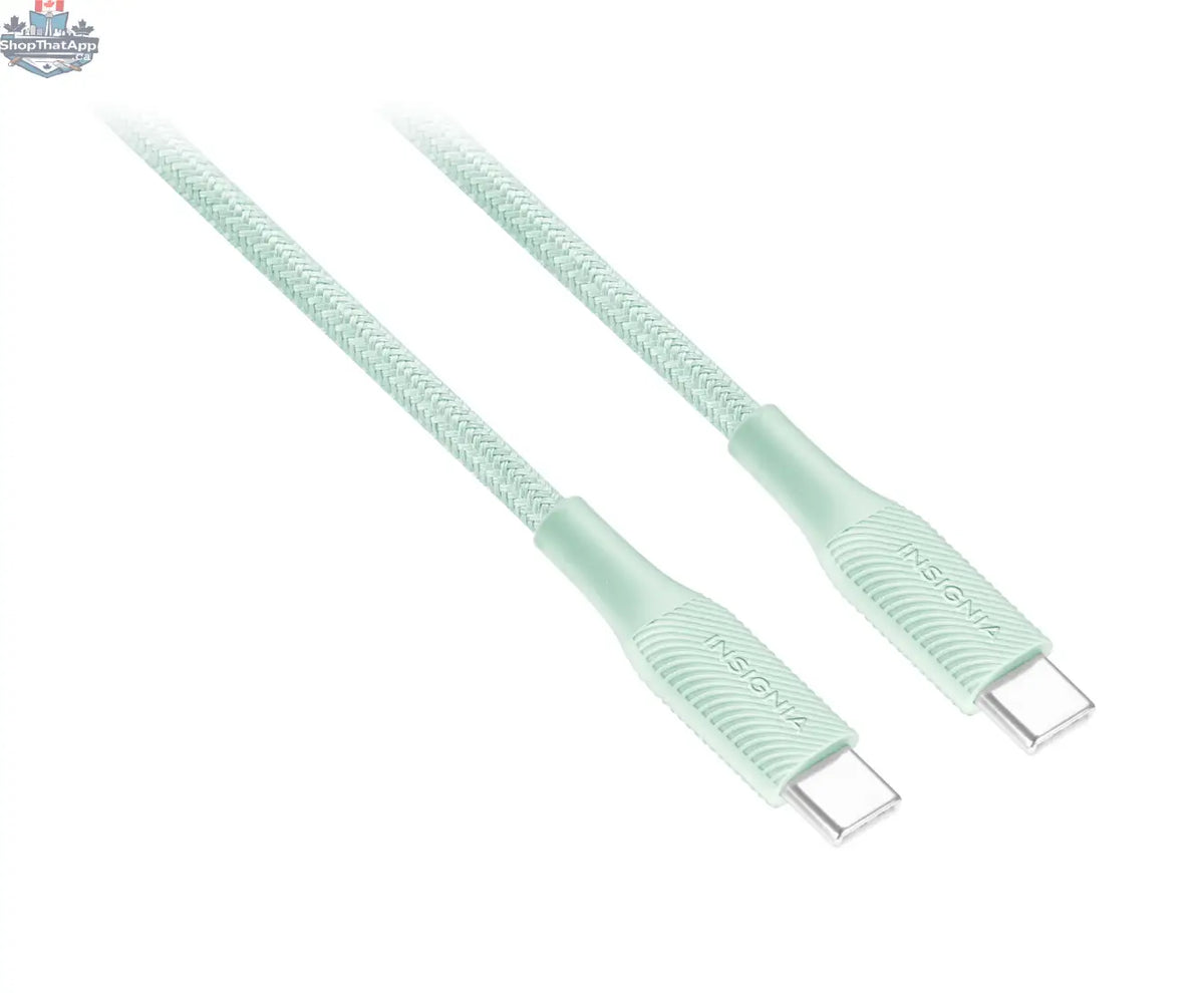 Durable 1.5m Insignia USB-C to USB-C cable with braided design for charging smartphones, shown in the product image.