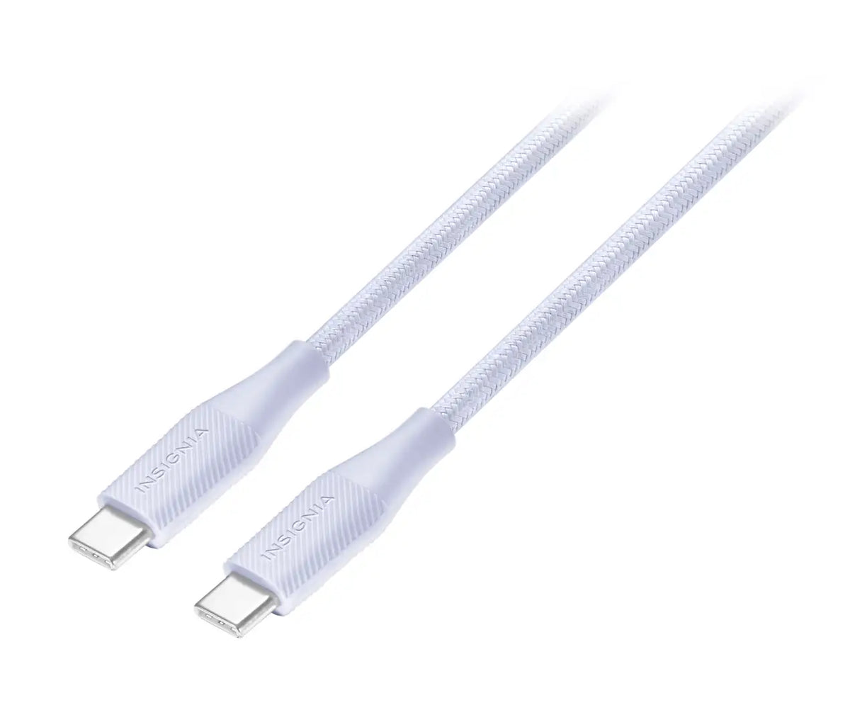 Insignia USB-C to USB-C 3m charging cable in green, suitable for mobile phones, with a close-up view of the cable and connectors.