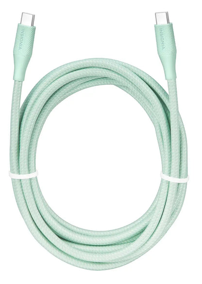 Insignia USB-C to USB-C 3m green charging cable for mobile phones, shown in a close-up image with cable details.