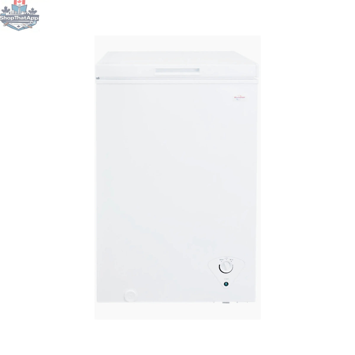 White Koolatron 3.5 cu ft freezer for optimal storage, compact design, with a clean, smooth exterior and adjustable temperature control.