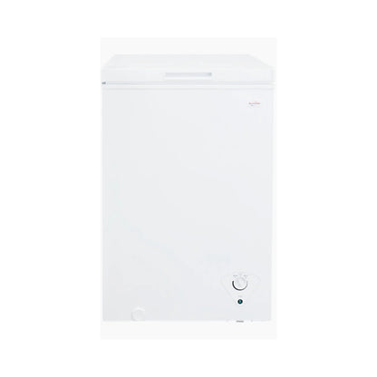 White Koolatron 3.5 cu ft freezer for optimal storage, featuring a compact design with a sturdy door and interior shelving.