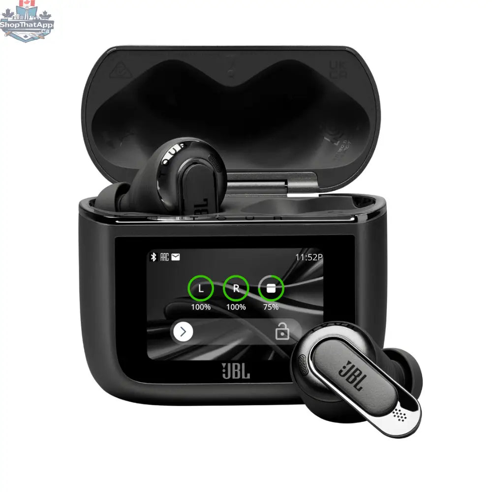 Recertified JBL Tour Pro 3 wireless earbuds with active noise cancellation, shown in the image with sleek black design.