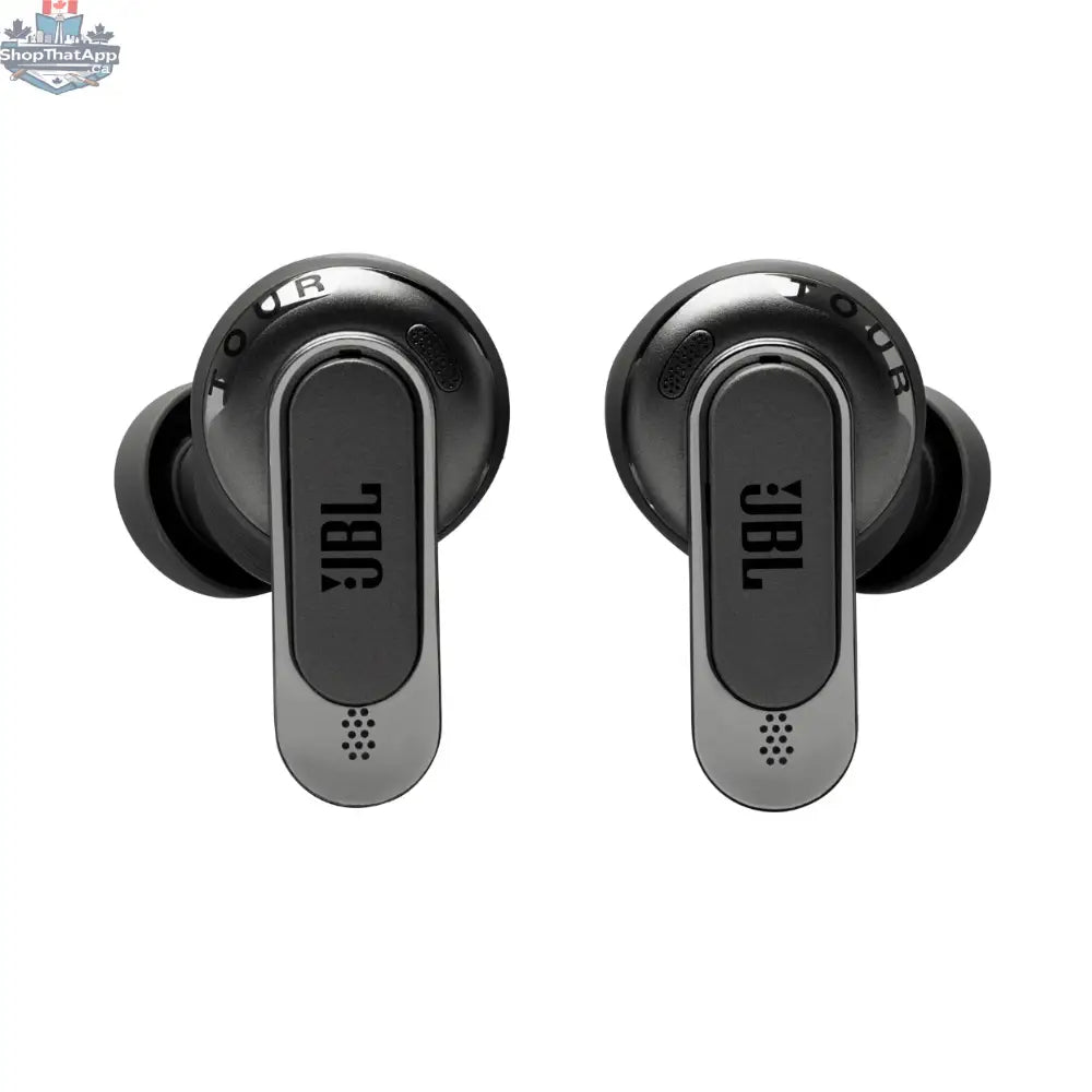 Recertified JBL Tour Pro 3 wireless earbuds with active noise reduction, shown in a close-up image highlighting their sleek design.