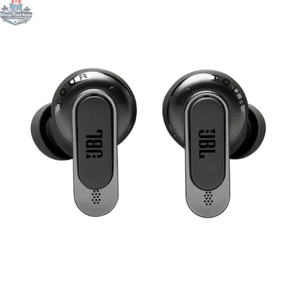Recertified JBL Tour Pro 3 wireless earbuds with active noise reduction, shown in a close-up image highlighting their sleek design.