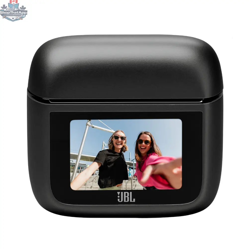 Recertified JBL Tour Pro 3 wireless earbuds with active noise cancellation, shown in black with charging case.