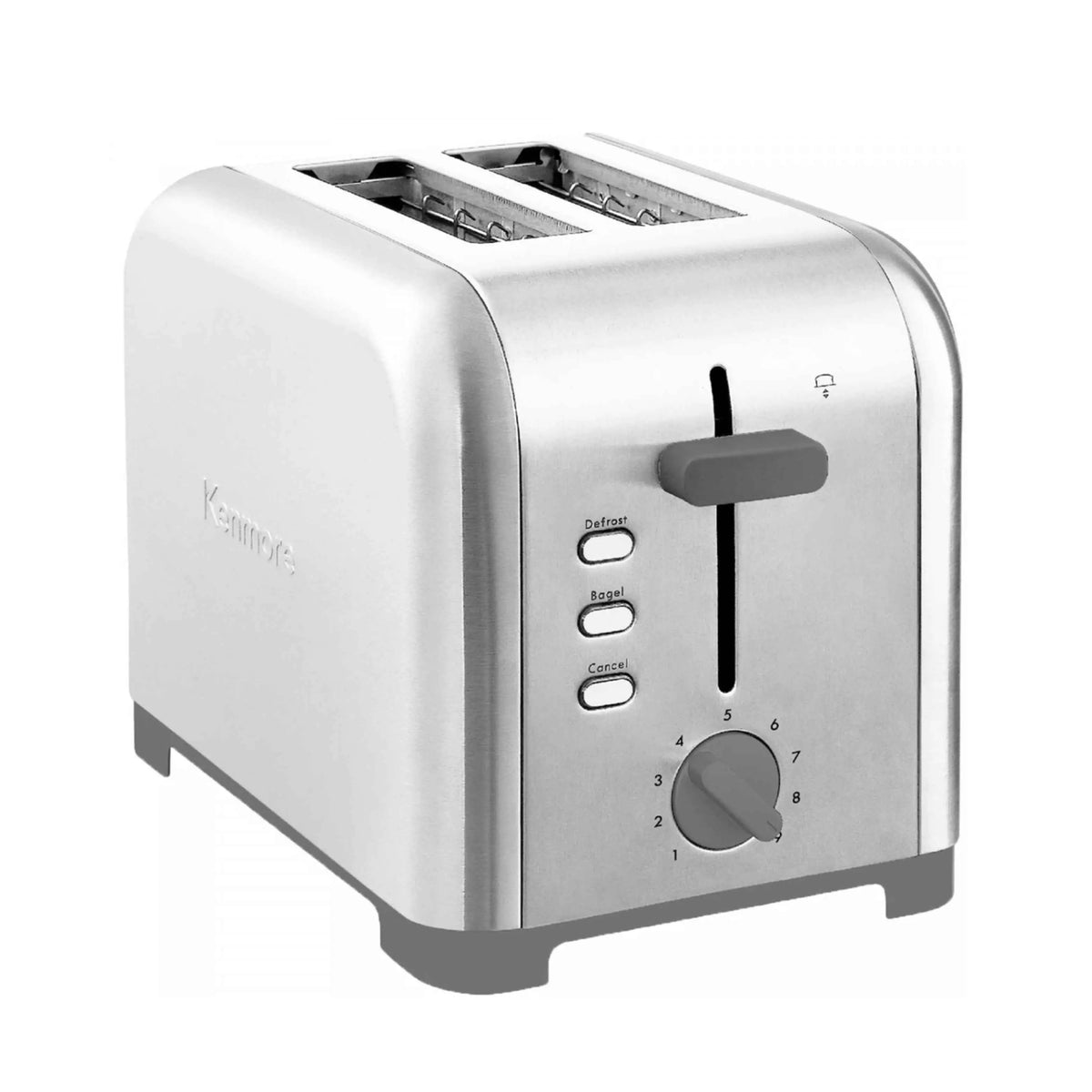 Kenmore 2-slice toaster with 9 browning control settings, shown with stainless steel finish and control knobs on the side.