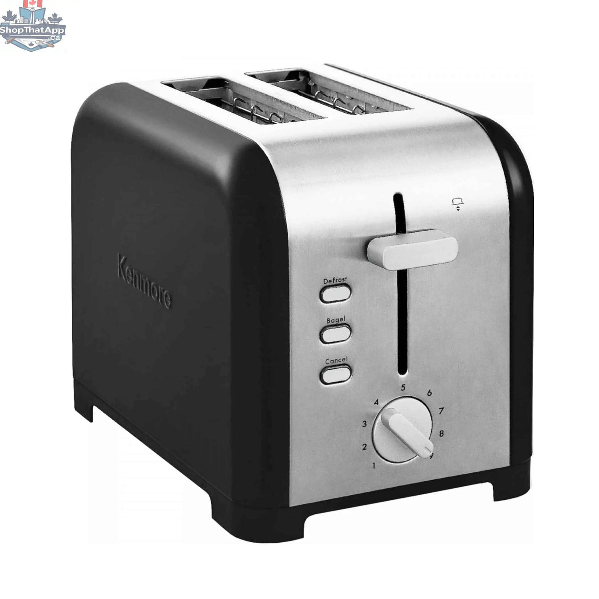 Kenmore 2-slice toaster with 9 adjustable browning controls, black finish, and modern design.
