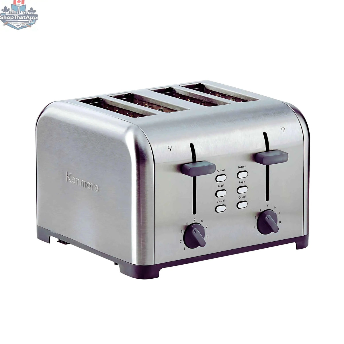Kenmore 4-slice stainless steel toaster with 9 browning settings, shown with slots and control dials.