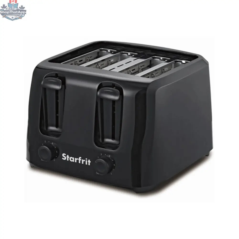 Starfrit 4-slice toaster in black with 6 browning control settings, showcasing the appliance's modern design and control dials.