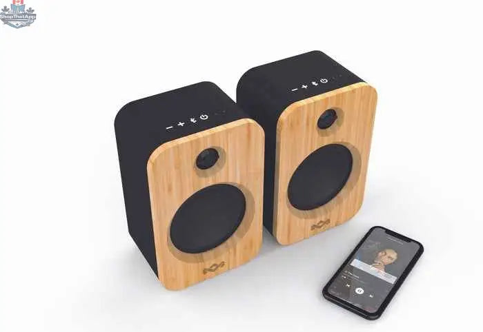 Portable House of Marley Get Together Duo Bluetooth speakers in black, showing their compact design and textured exterior.