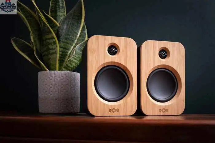 Wireless Bluetooth portable speakers from House of Marley Get Together Duo, shown in a sleek black design.
